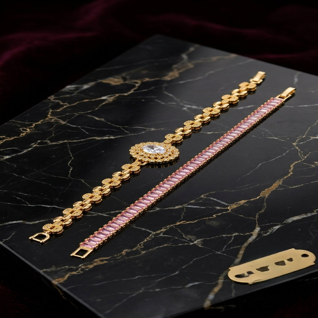 Pink Baguette Tennis Bracelet & Gold Link Bracelet Set