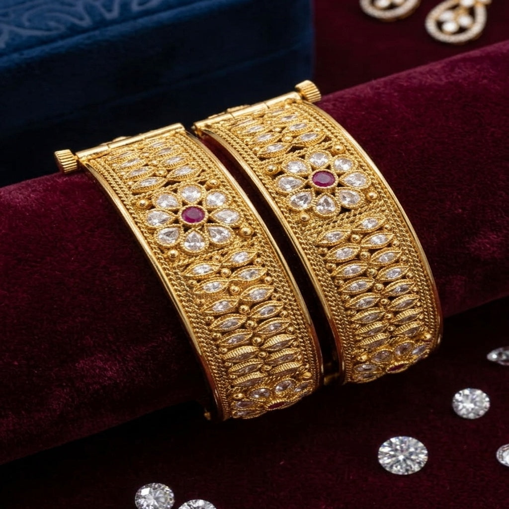 Gold Kundan Floral Kada Bangles Pair (FSKB215)