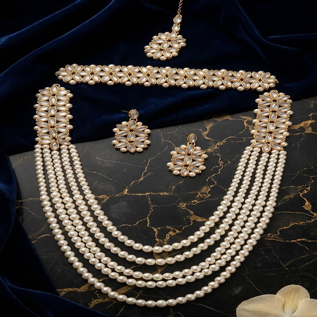 Pakistani Bridal Pearl Kundan Jewellery Set – 5 Layer Necklace (FDN264)