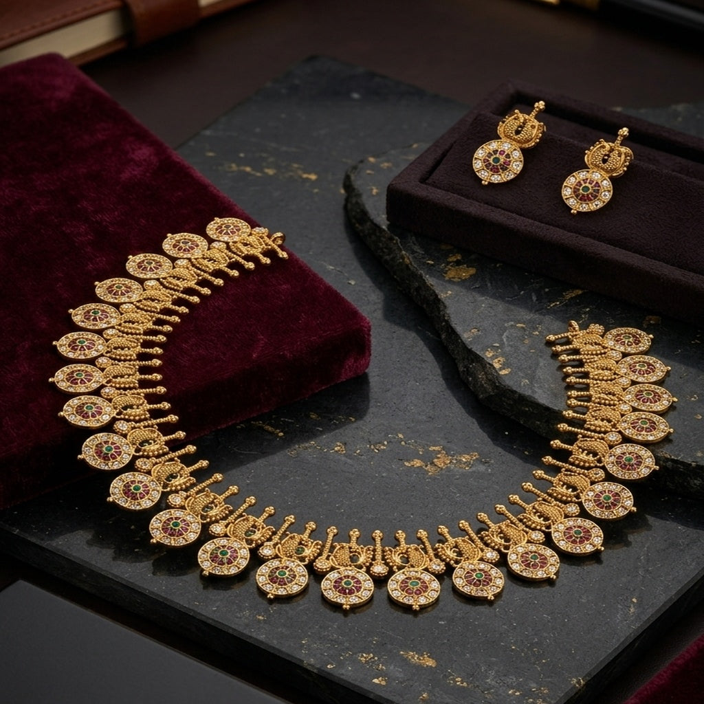 Gold Kundan Necklace Set with Round Medallion Design (FDN262)