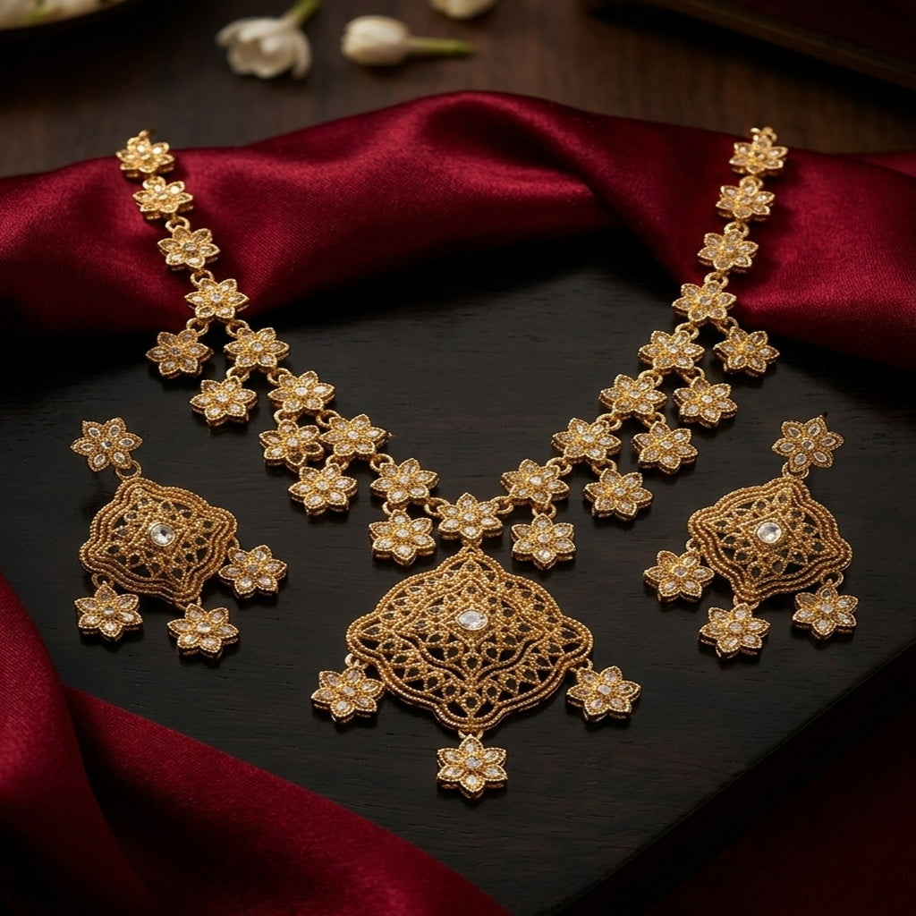 PJ Gold Floral Necklace Set with Earrings (FDN265)