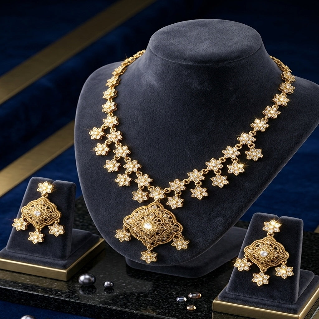 PJ Gold Floral Necklace Set with Earrings (FDN265)