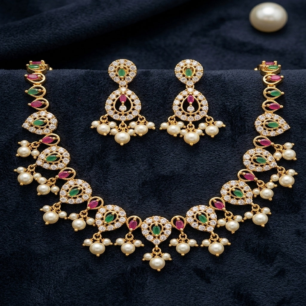 Pearl & Gemstone Gold Necklace Sets with Earrings (FDN267)