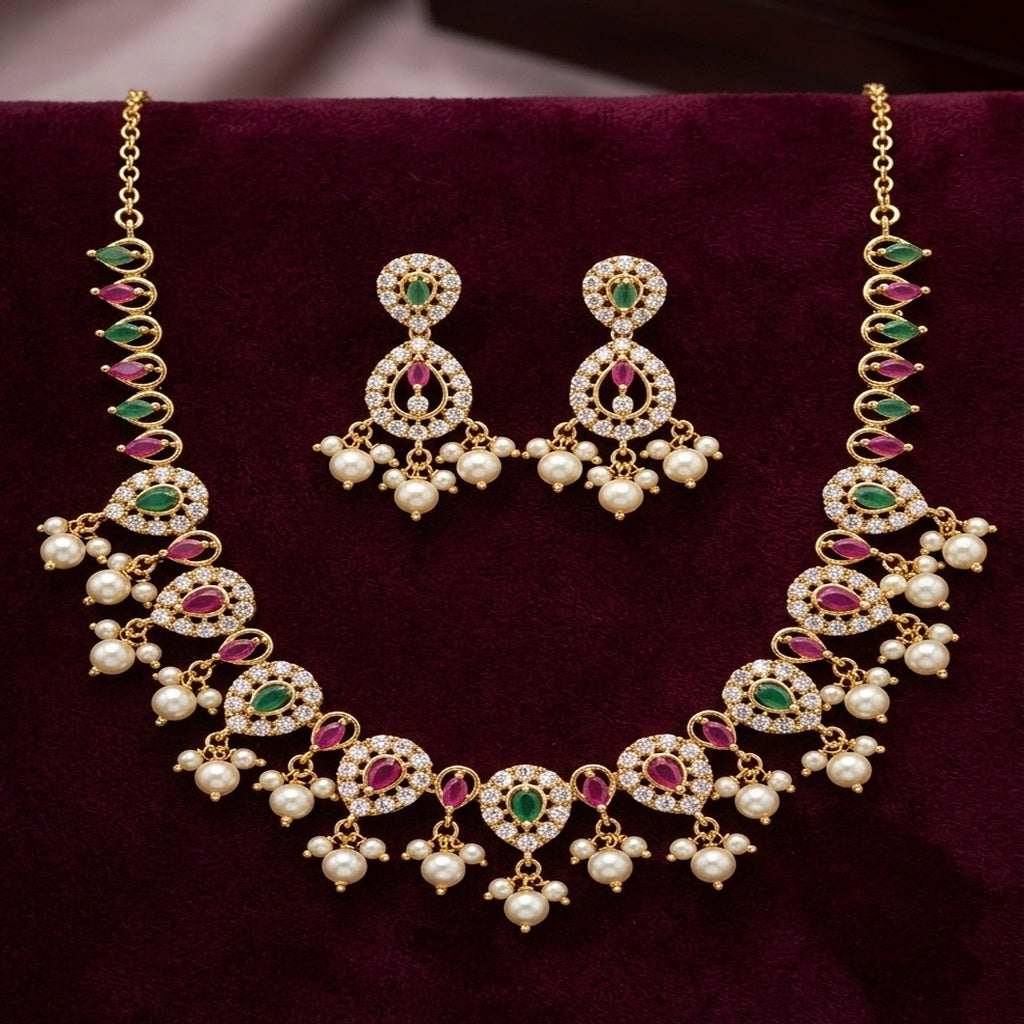 Pearl & Gemstone Gold Necklace Sets with Earrings (FDN267)