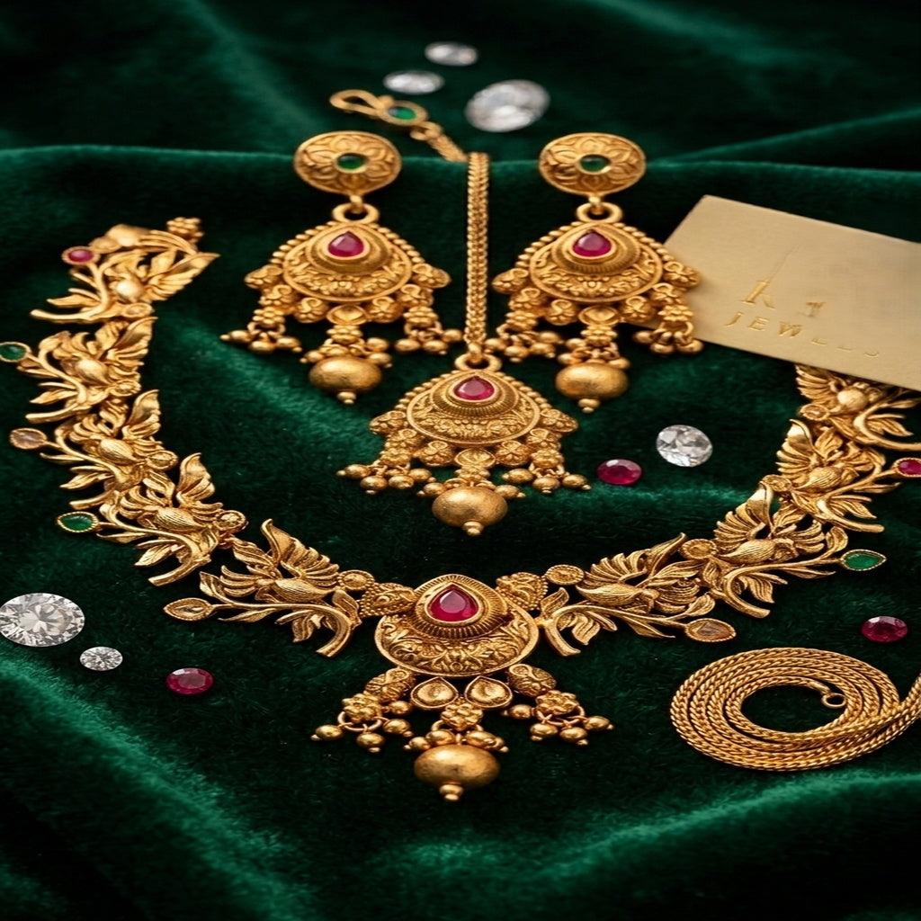 Pakistani Antique Gold Bird Necklace Set with Tikka (FDN266)