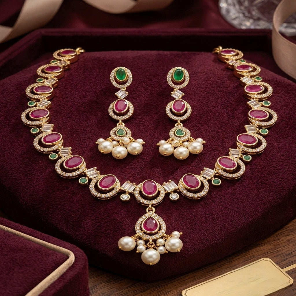 Ruby Emerald Pearl Necklace Set with Earrings (FDN268)