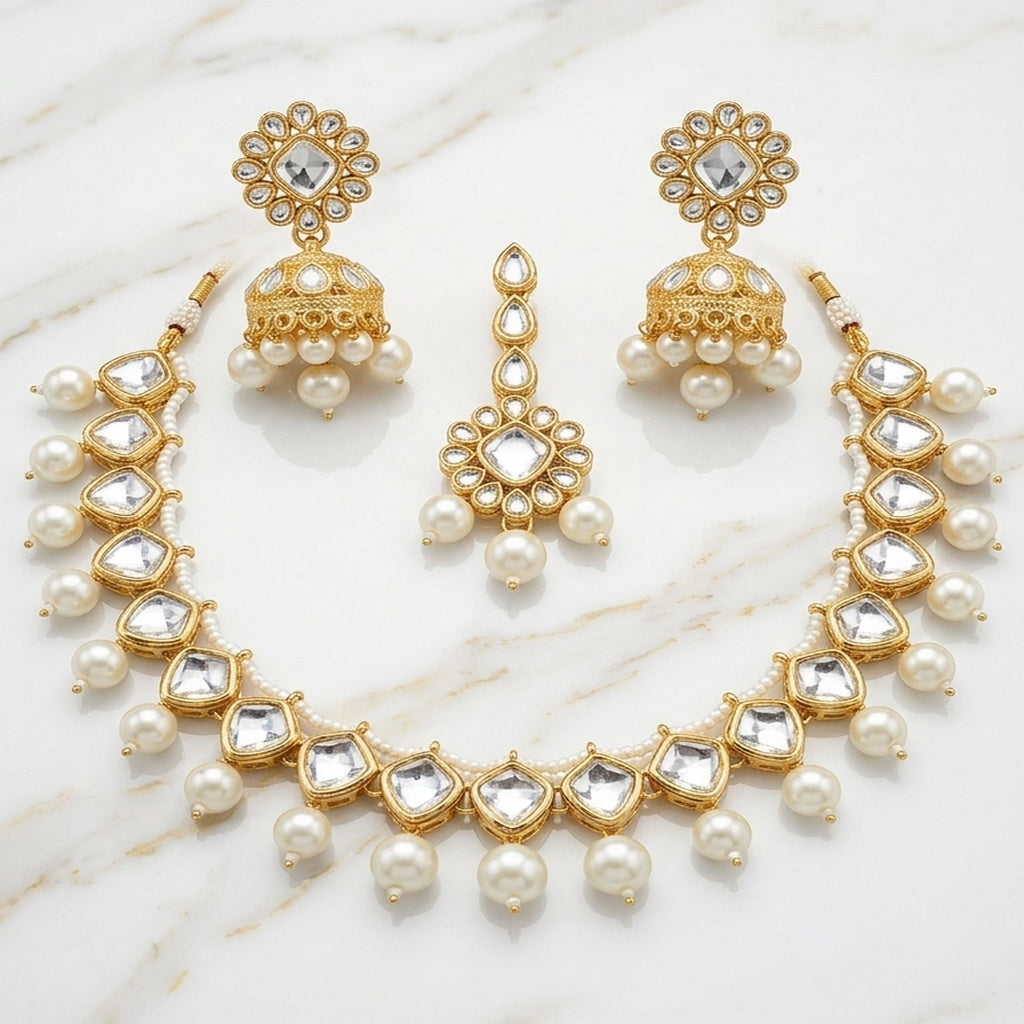Kundan Pearl Jhumka Necklace Set with Tikka (FDN269)