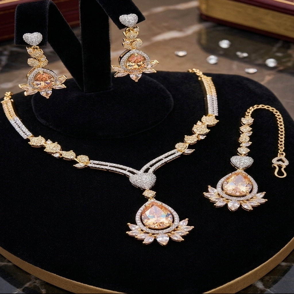 Champagne Teardrop Diamond Necklace Set with Tikka (FDN270)