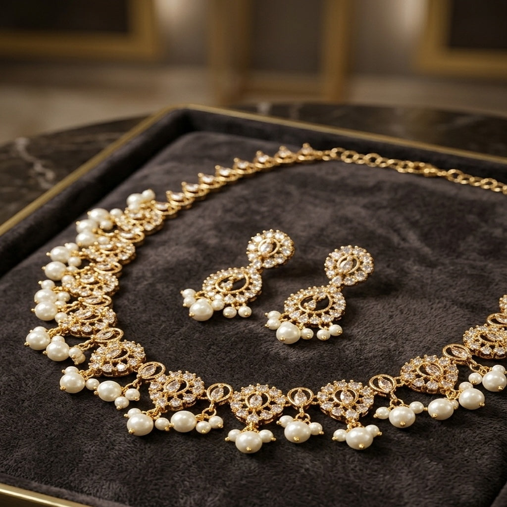 Pearl & Gemstone Gold Necklace Sets with Earrings (FDN267)