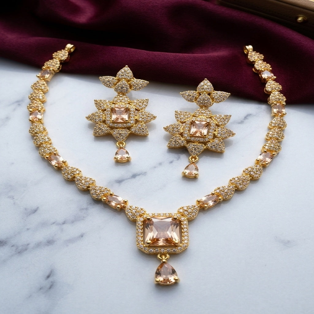 Champagne Floral Crystal Necklace Set with Earrings (FDN271)