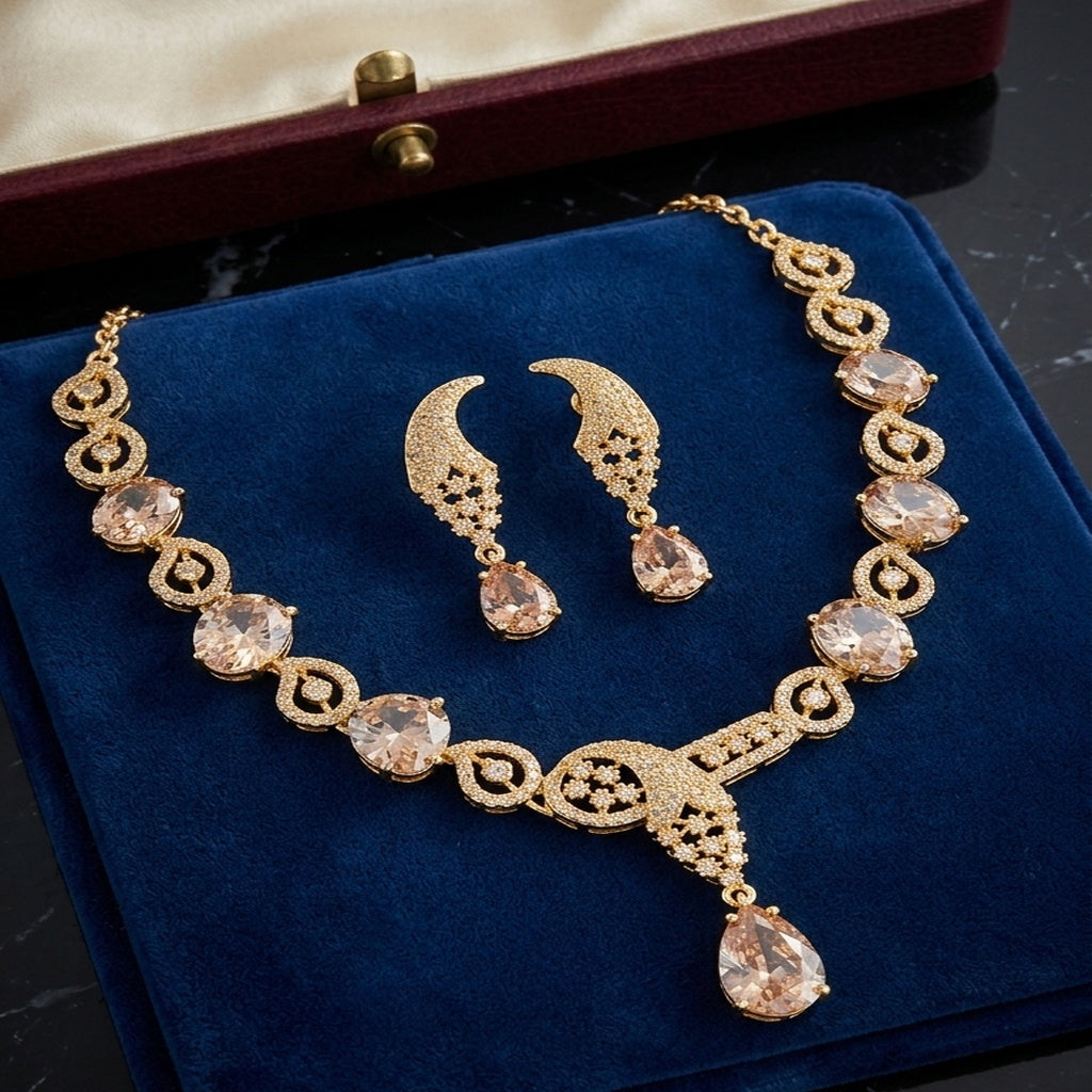 Champagne Stone Gold Necklace Set with Earrings (FDN272)
