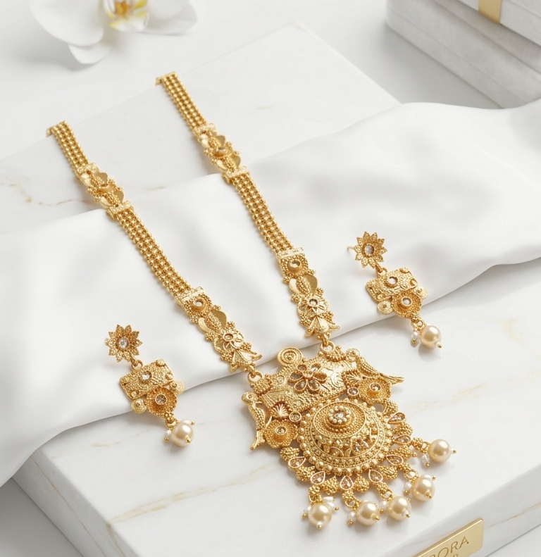 Antique Gold Pearl Pendant Long Necklace Set Pakistani (FDM135)