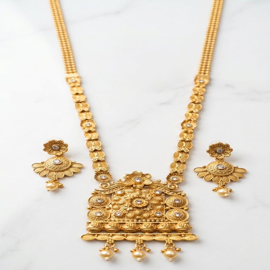 Traditional Long Gold Pendant Necklace Set – Pakistani (FDM130)