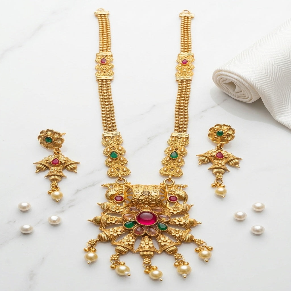 Antique Gold Peacock Pendant Long Necklace Set Pakistani (FDM131)