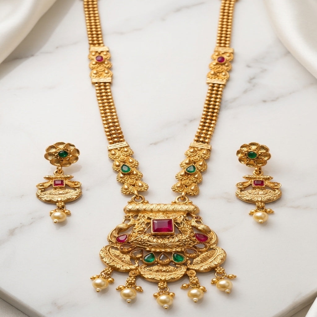 Antique Gold Long Necklace Set with Ruby & Emerald Pakistani (FDM132)
