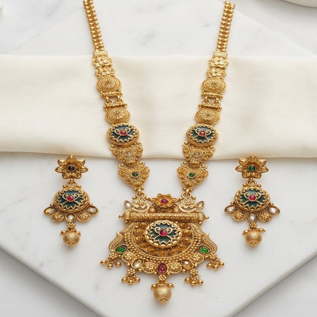Meenakari Antique Gold Long Necklace Set Pakistani (FDM133)