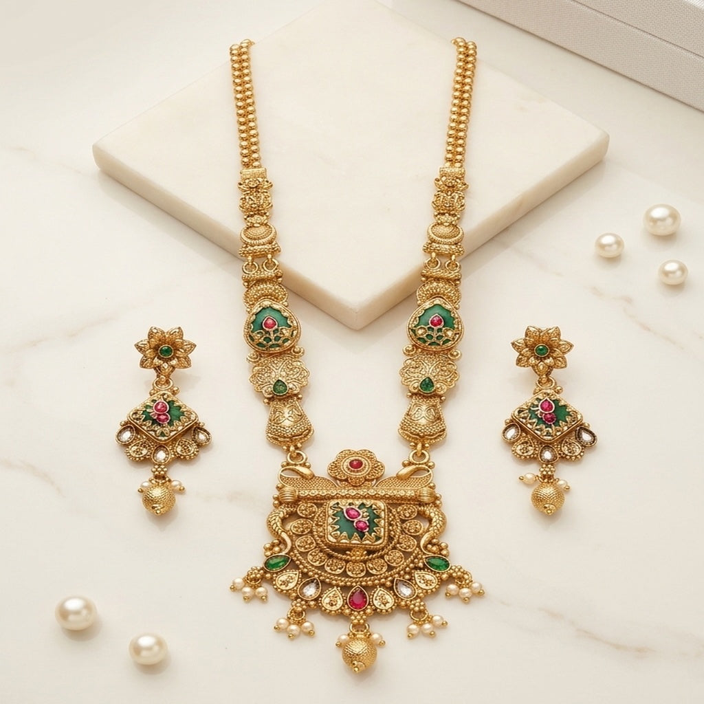 Meenakari Peacock Antique Gold Long Necklace Set Pakistani (FDM134)