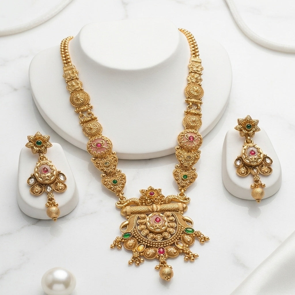 Antique Gold Peach Enamel Long Necklace Set Pakistani (FDM136)