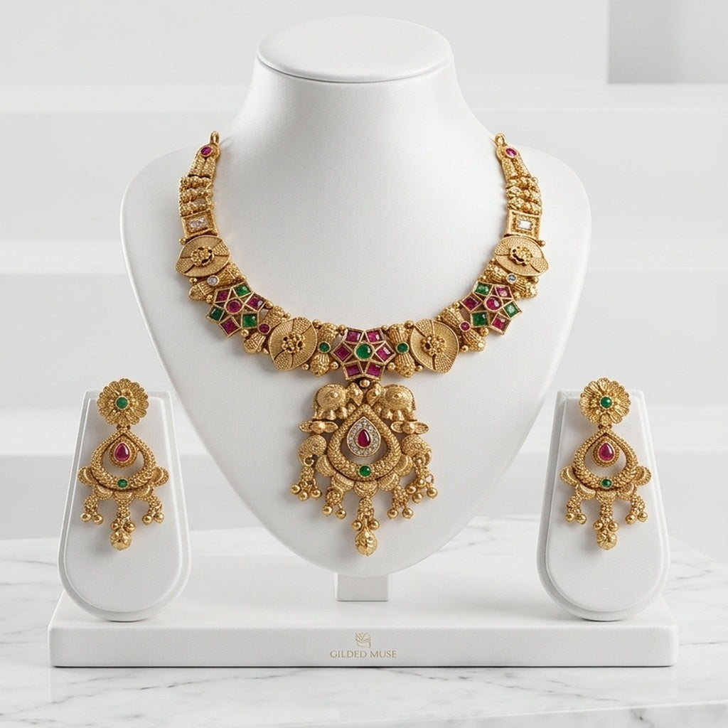 Antique Gold Ruby Emerald Necklace Set (FDN270)