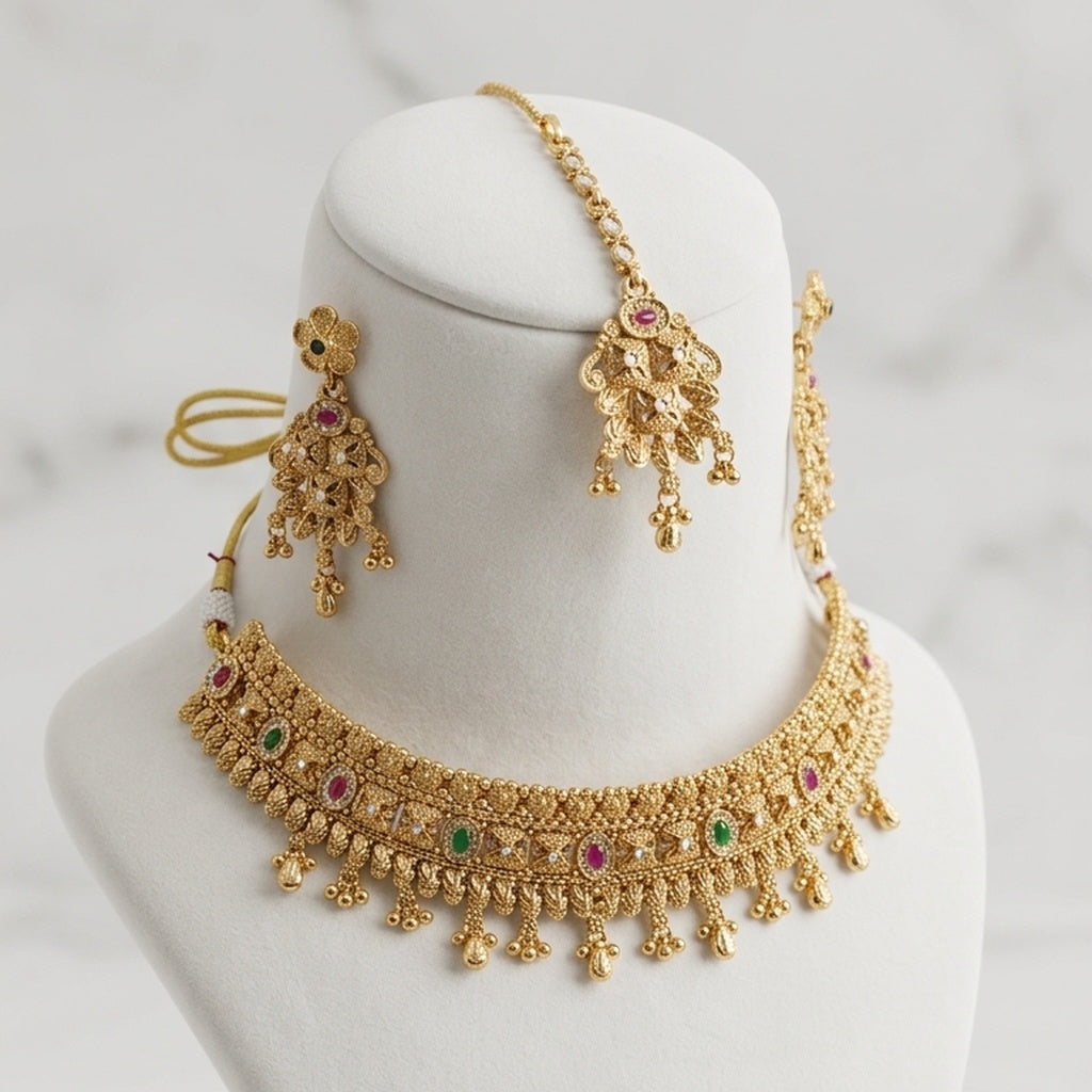 Antique Gold Choker Set with Tikka & Earrings (FDN271)