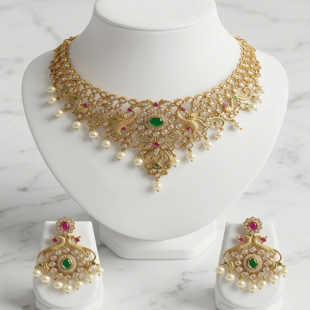 Gold Peacock Filigree Choker Necklace Set Pakistani (FDN272)