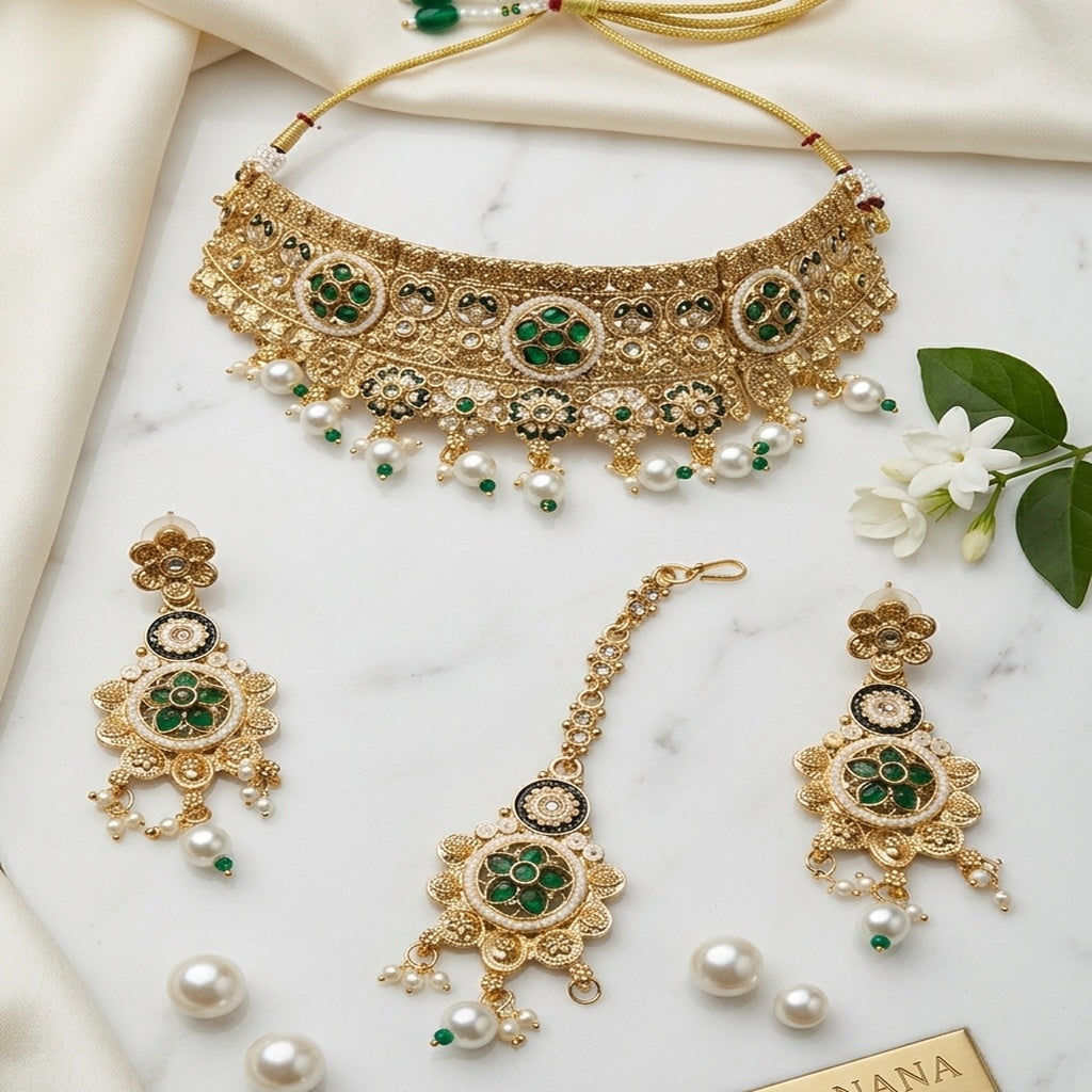 Gold Emerald Meenakari Choker Set (FDN274)