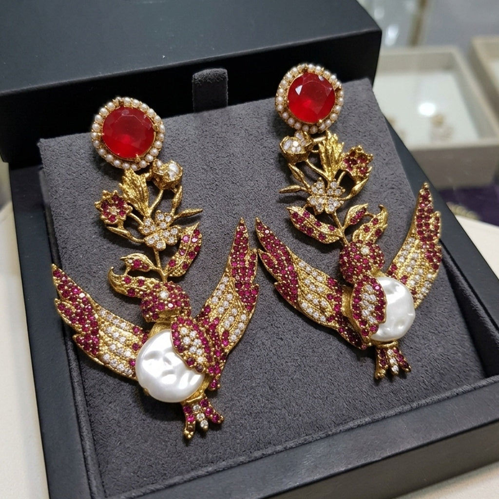 Gold Ruby Bird-Design Statement Earrings (FSE300)
