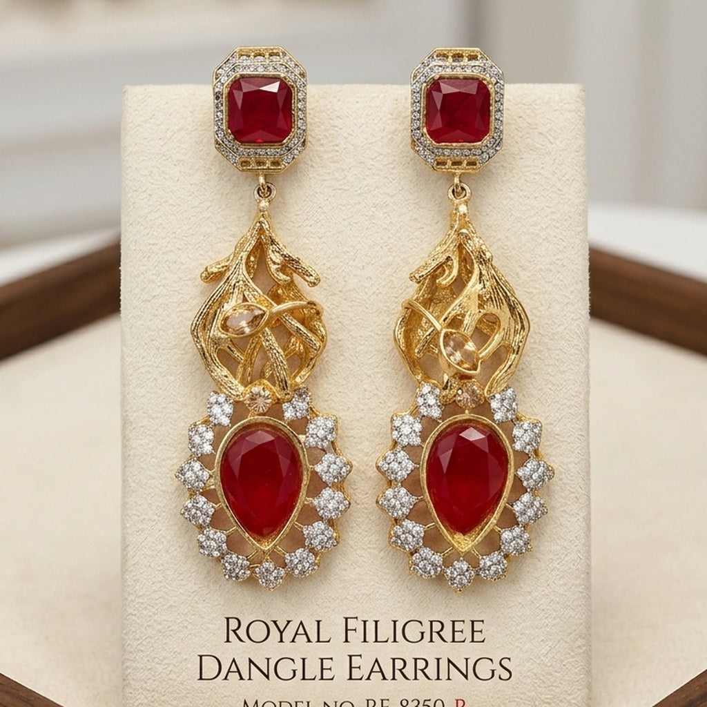 Antique Gold Ruby Filigree Dangle Earrings (FSE292)
