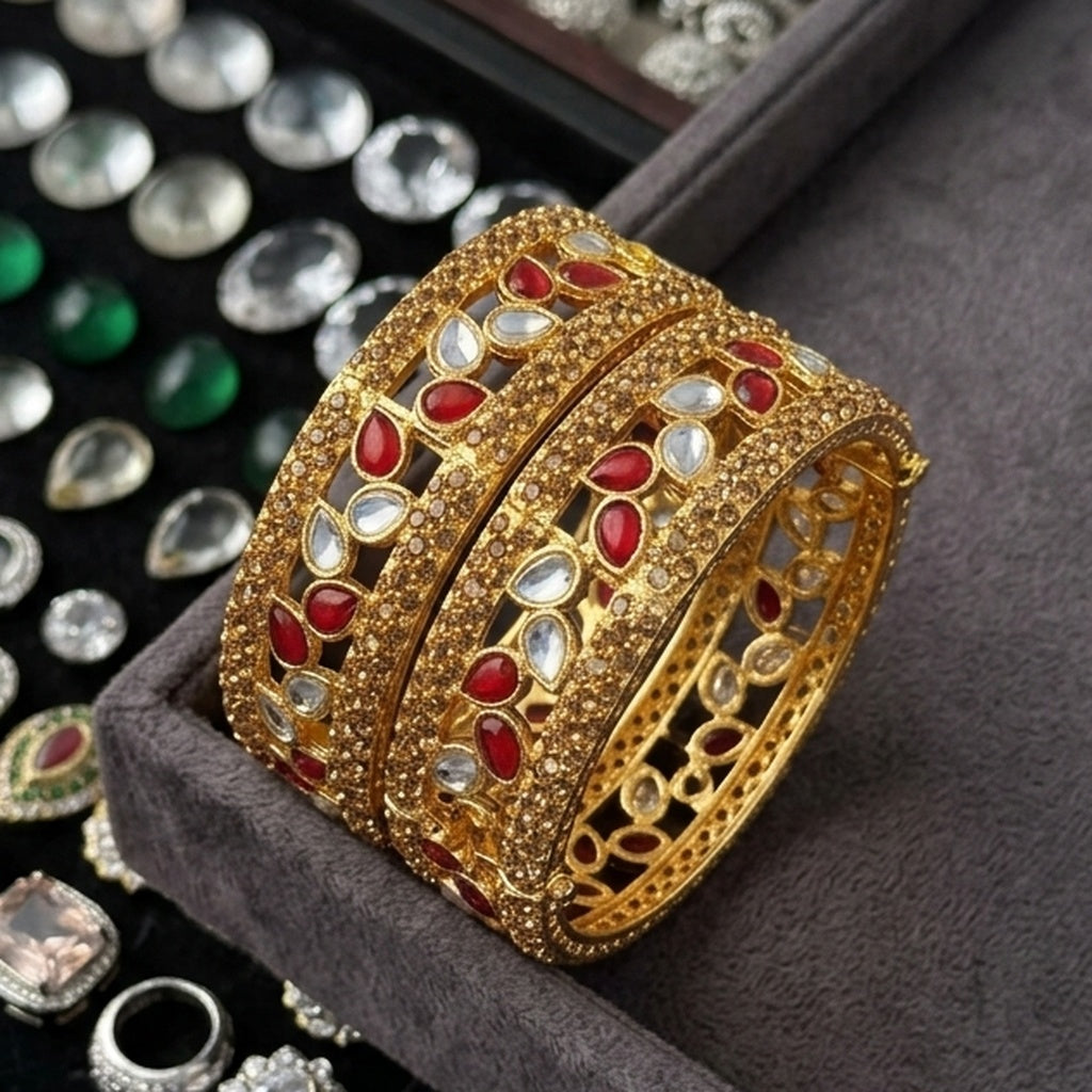 Gold Ruby & Crystal Petal Bangle Pair (FSKB195)