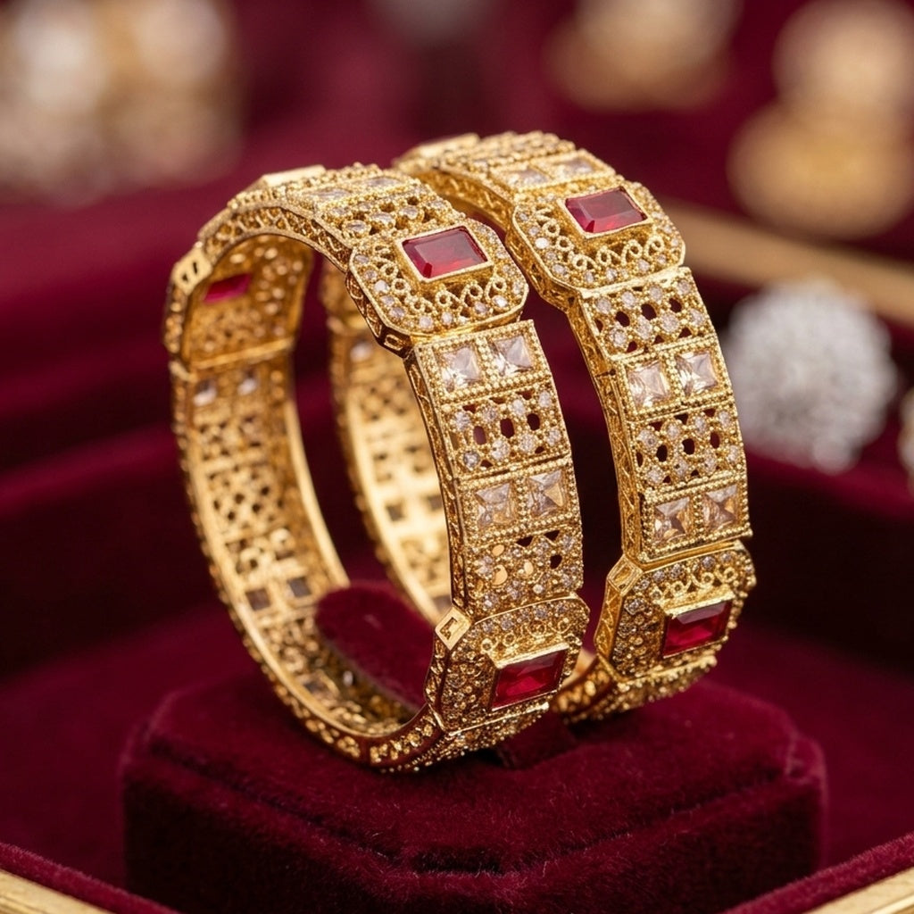 Gold Ruby Studded Kara Pair Openable (FSKB194)