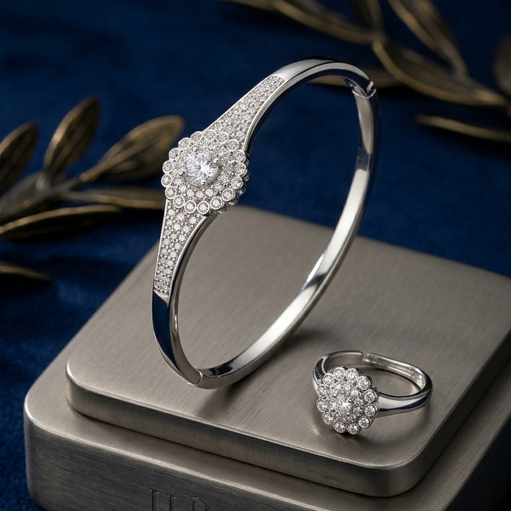 Silver Bracelet & Ring Jewelry Sets with Zircon Stones