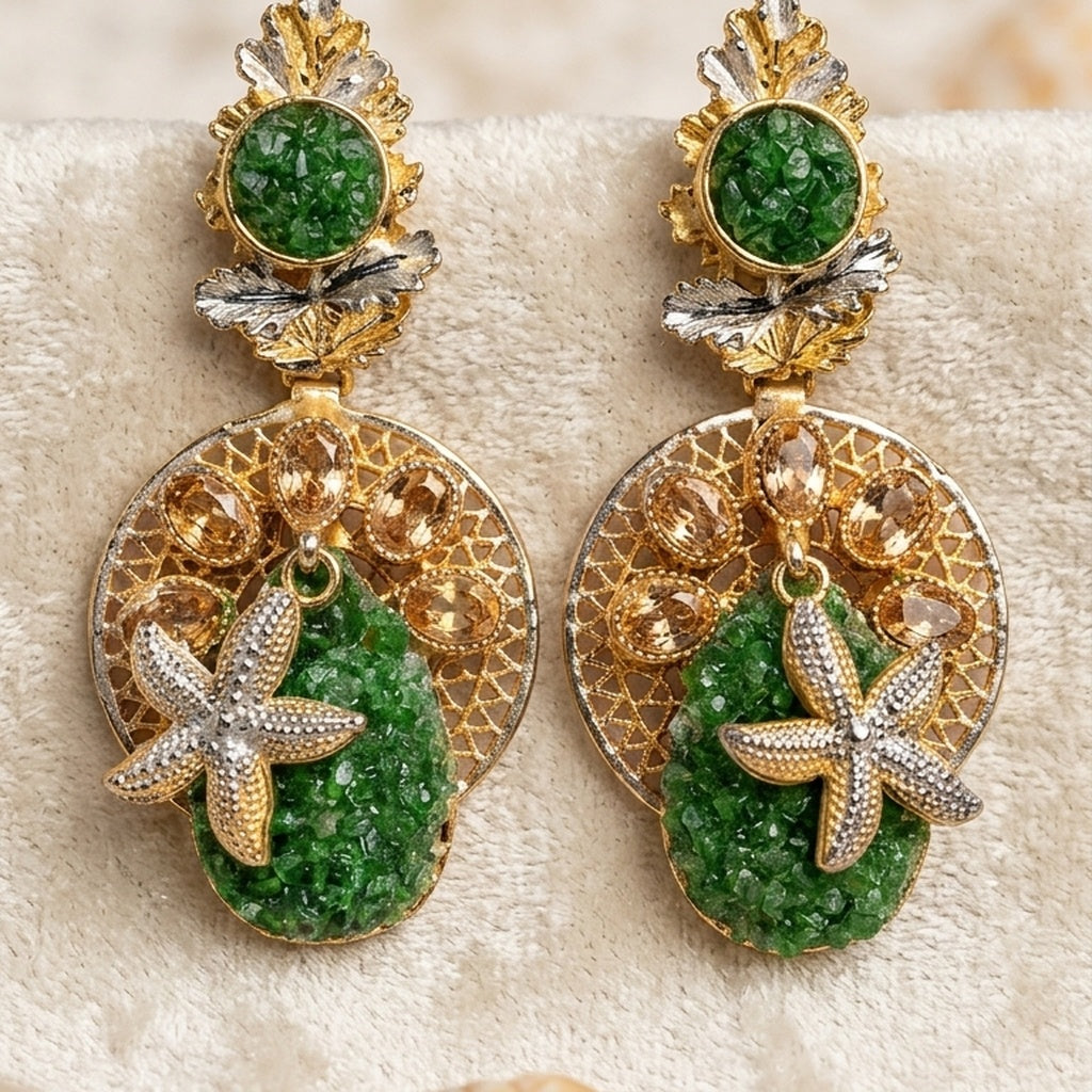 Green Druzy Starfish Earrings with Champagne Stones (FSE278)