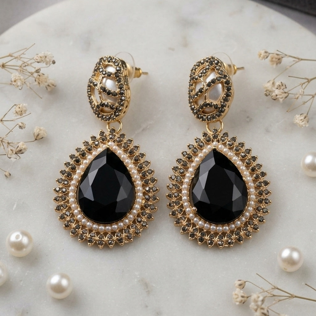 Antique Gold Teardrop Stone Earrings (FSE276)
