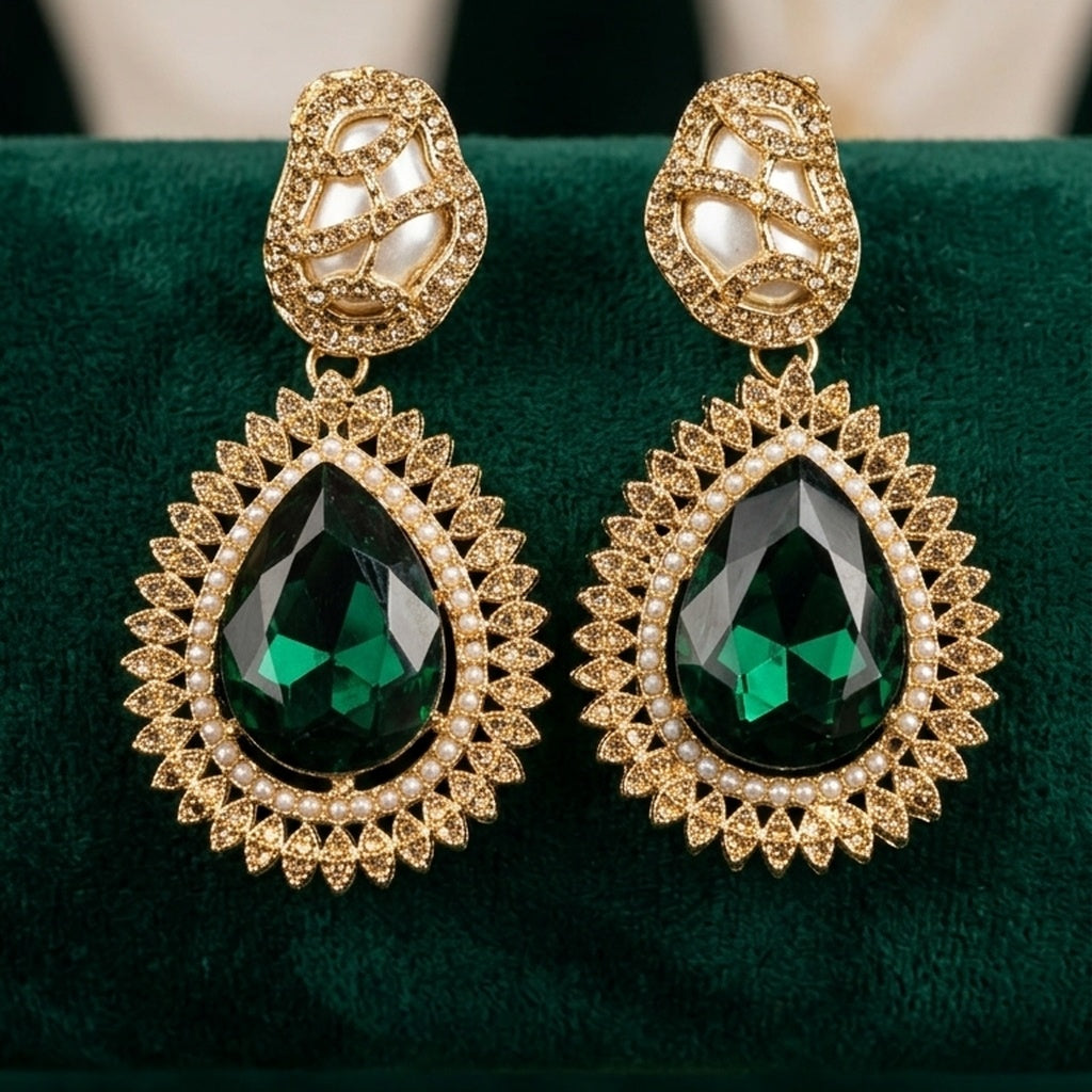 Antique Gold Teardrop Stone Earrings (FSE276)