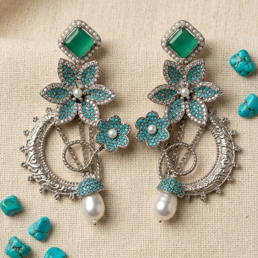 Silver Turquoise Floral Earrings with Emerald Top (FSE293)