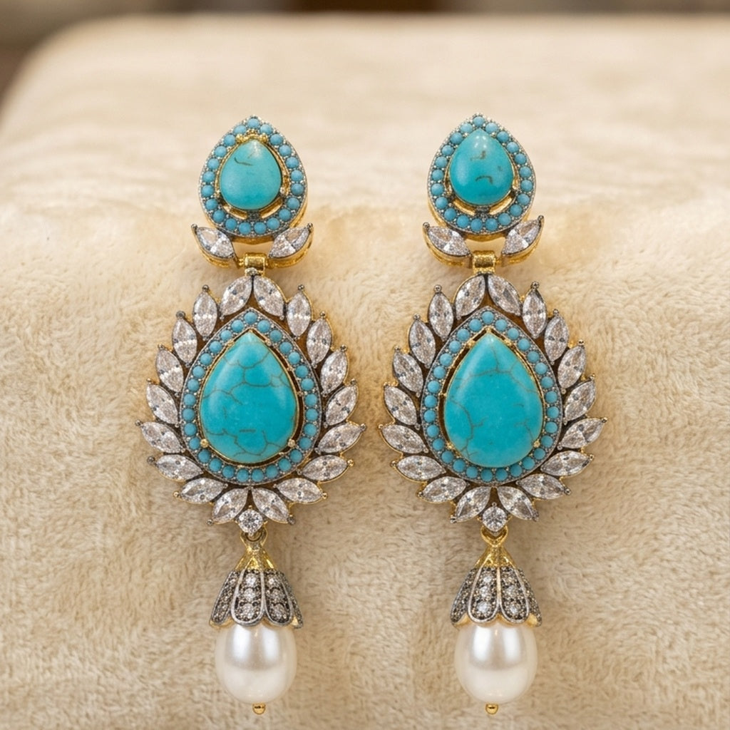 Antique Gold Turquoise Earrings with Pearl Drop (FSE281)